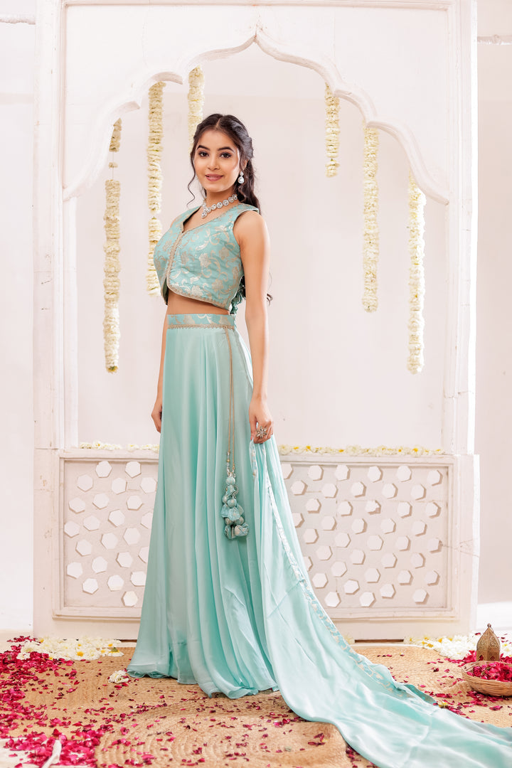 Sea Green Vichitra Silk Lengha Choli