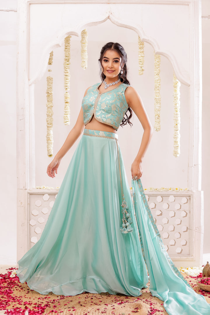 Sea Green Vichitra Silk Lengha Choli