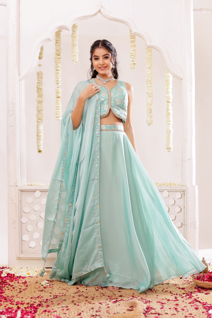 Sea Green Vichitra Silk Lengha Choli