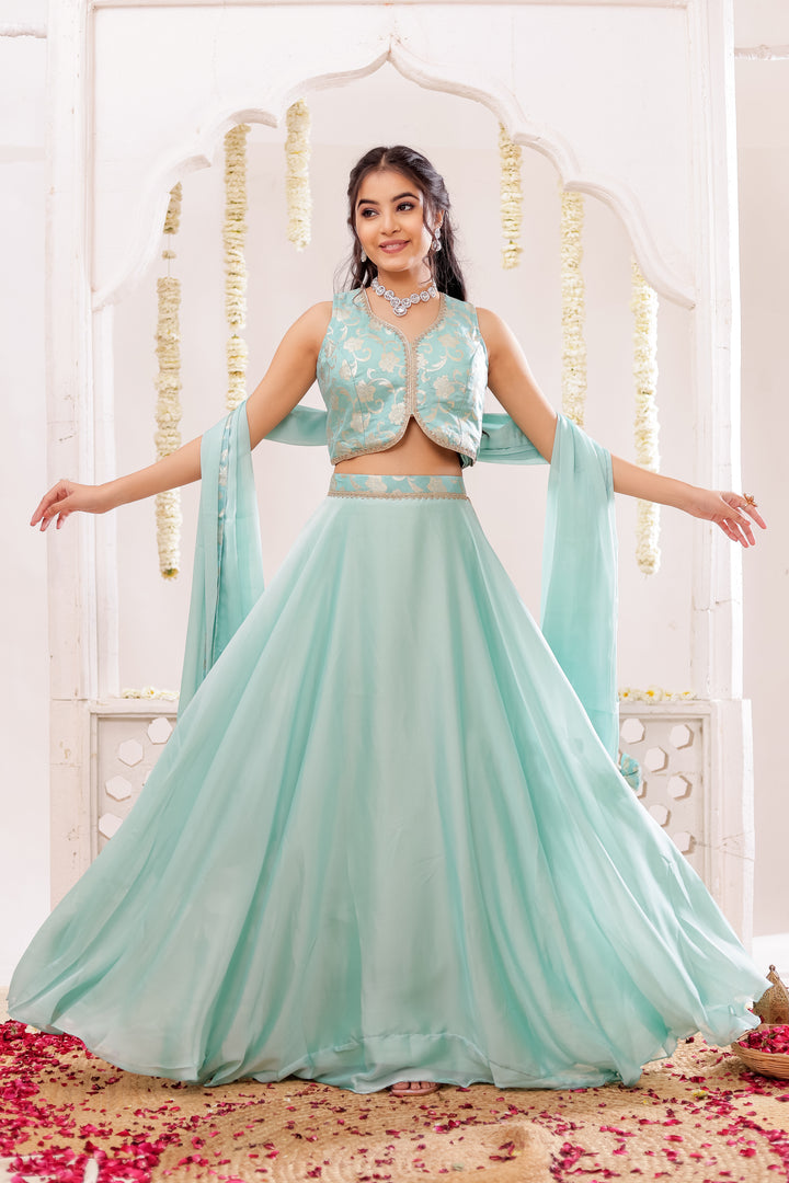 Sea Green Vichitra Silk Lengha Choli