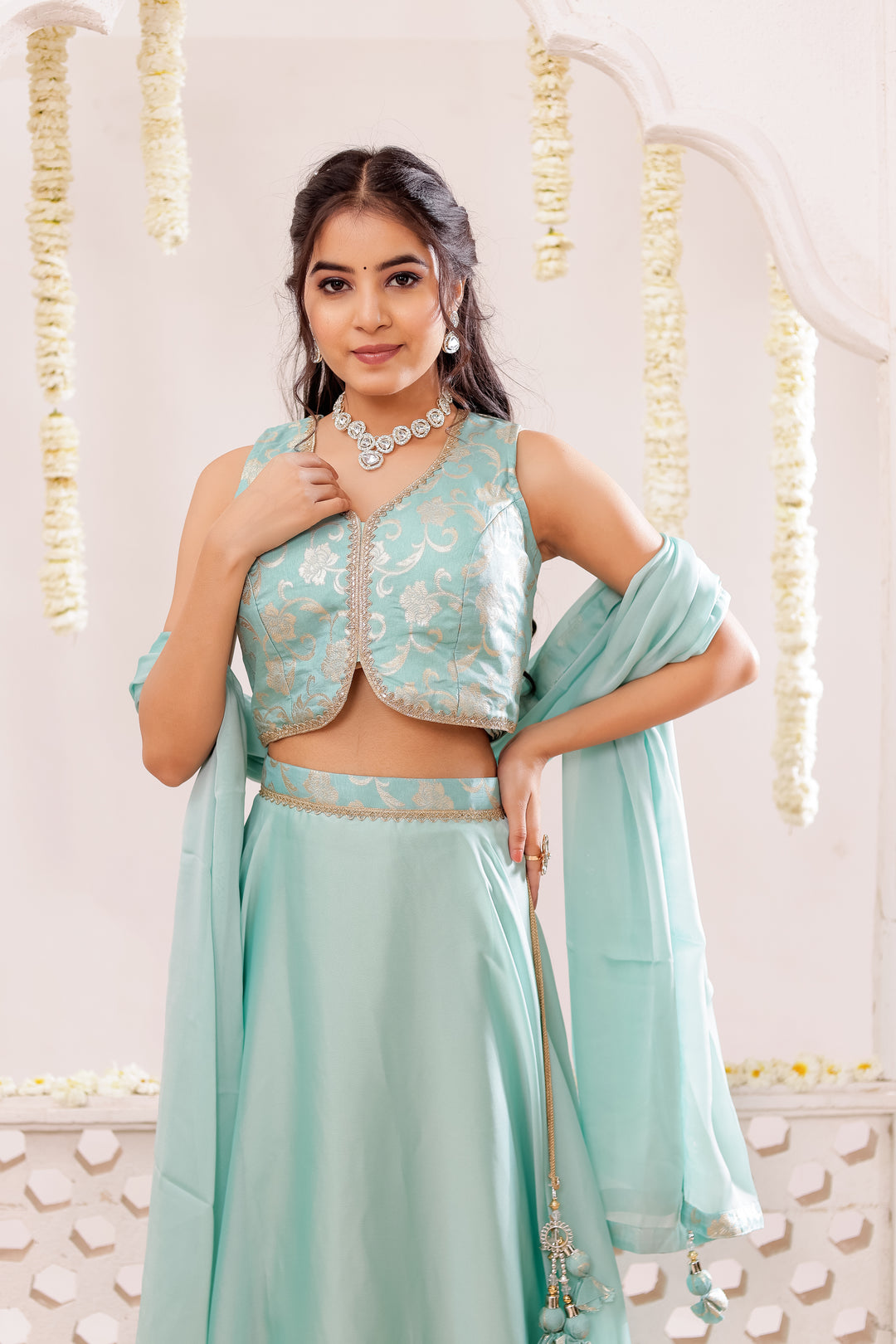 Sea Green Vichitra Silk Lengha Choli