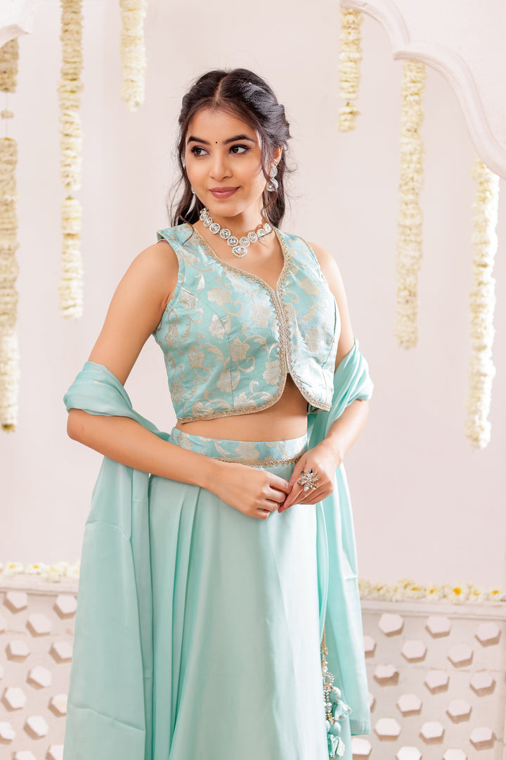 Sea Green Vichitra Silk Lengha Choli