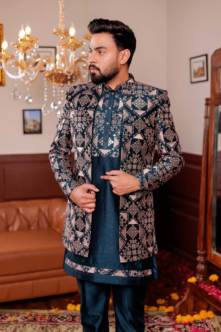 Bottle Green Open Jacket Style Indo-western Suit with Kurta