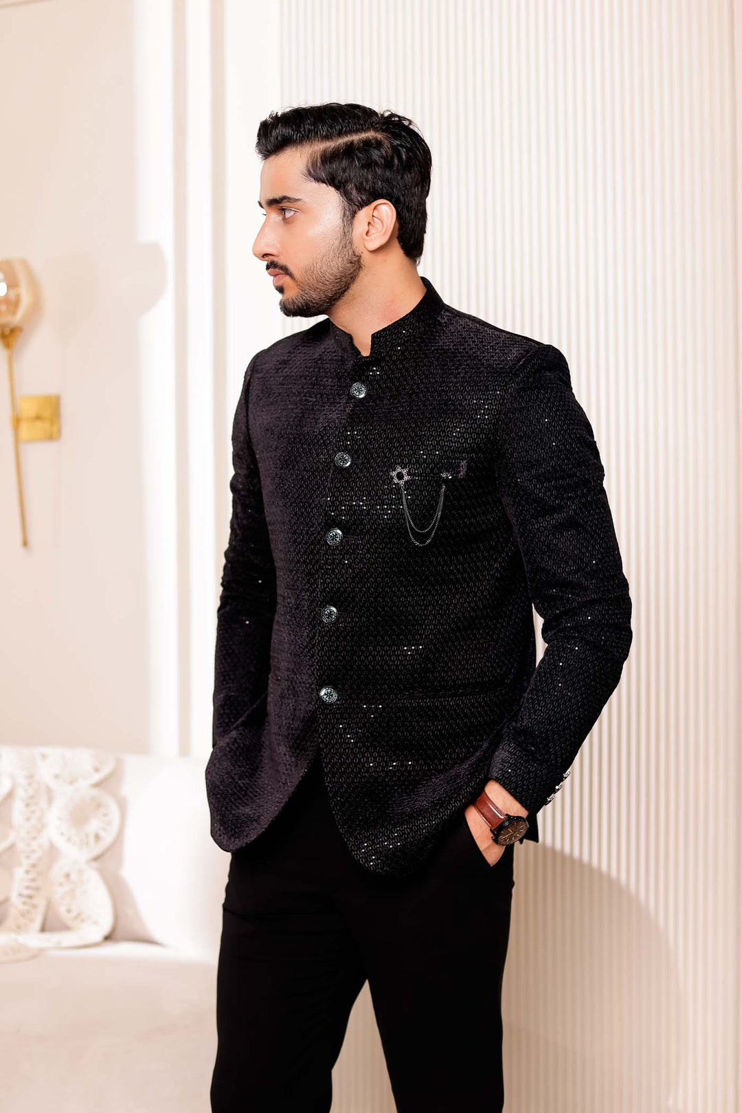 Black Velvet Sequins Embroidered Jodhpuri Suit.