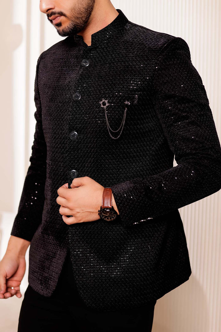 Black Velvet Sequins Embroidered Jodhpuri Suit.