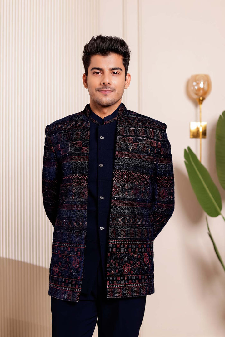Navy Blue Velvet Open Jacket Style Jodhpuri Suit.