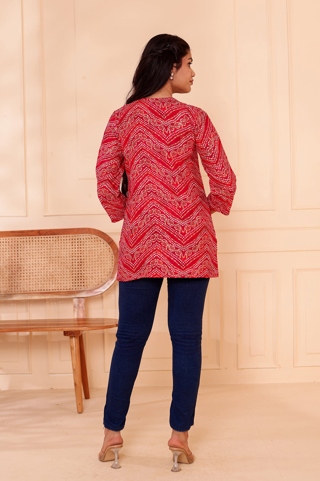 Rani Pink Soft Rayon Bandhani Print Short Kurti Top.