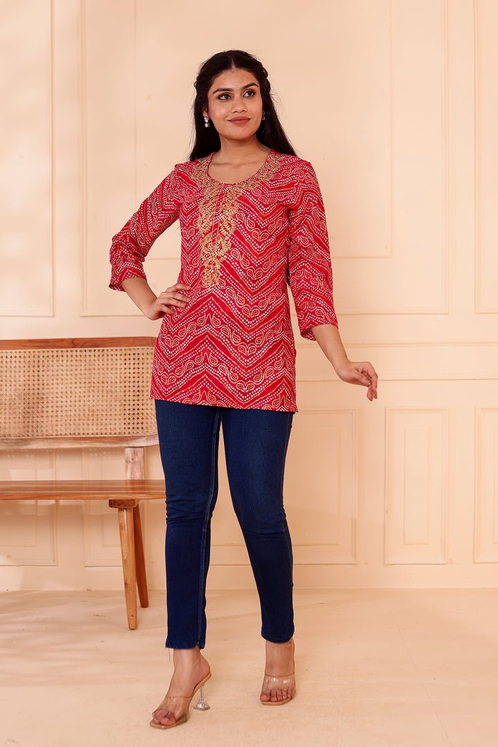 Rani Pink Soft Rayon Bandhani Print Short Kurti Top.