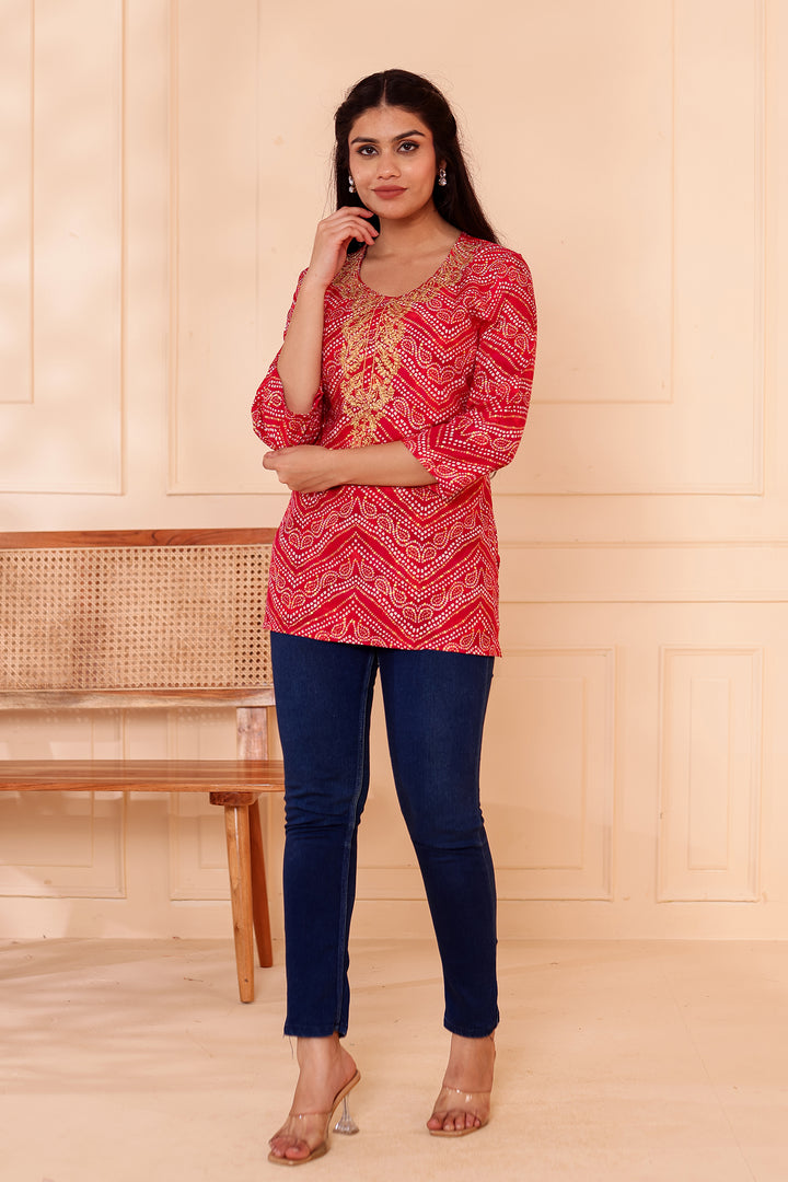 Rani Pink Soft Rayon Bandhani Print Short Kurti Top.