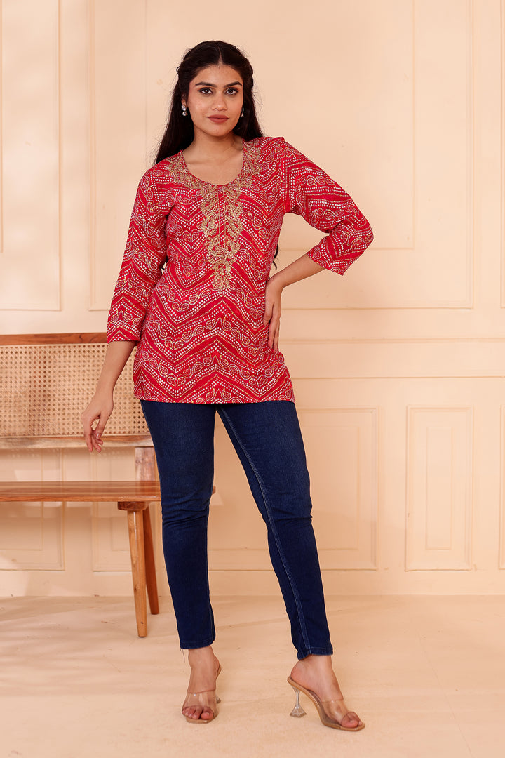 Rani Pink Soft Rayon Bandhani Print Short Kurti Top.