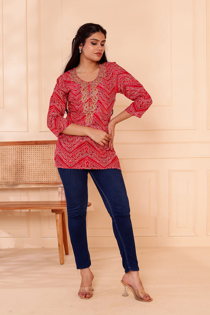 Rani Pink Soft Rayon Bandhani Print Short Kurti Top.