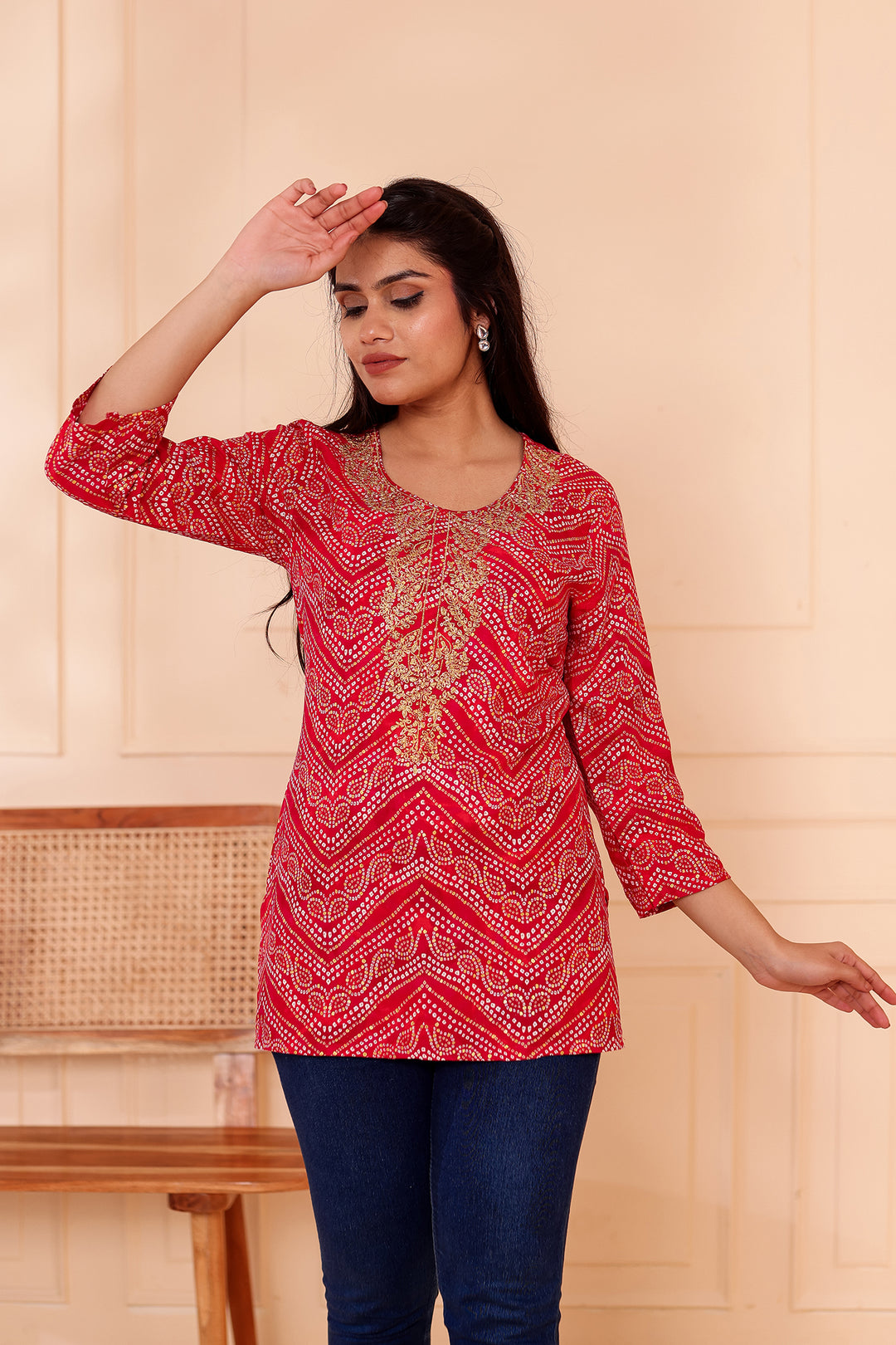 Rani Pink Soft Rayon Bandhani Print Short Kurti Top.
