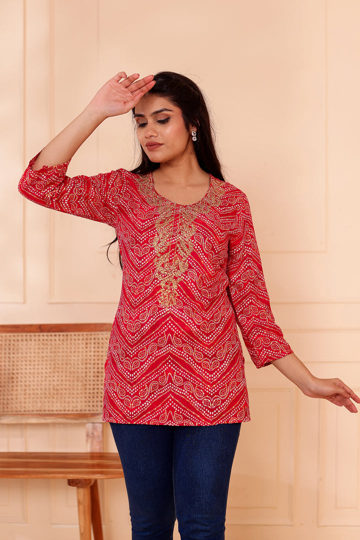 Rani Pink Soft Rayon Bandhani Print Short Kurti Top.