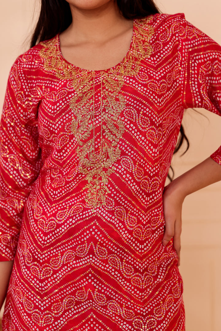 Rani Pink Soft Rayon Bandhani Print Short Kurti Top.
