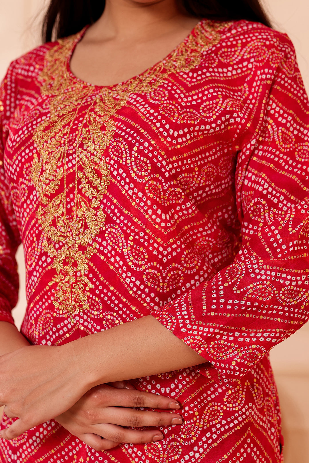 Rani Pink Soft Rayon Bandhani Print Short Kurti Top.