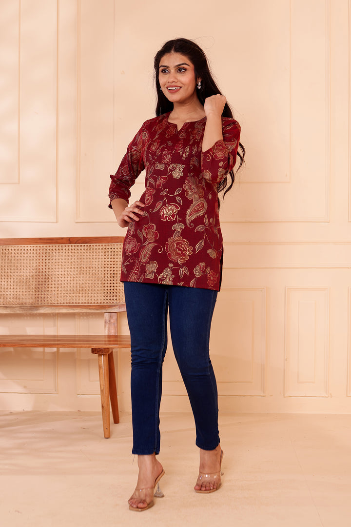 Maroon Floral Print Rayon Short Kurti Top.
