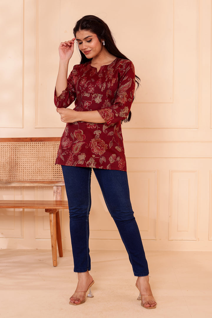 Maroon Floral Print Rayon Short Kurti Top.