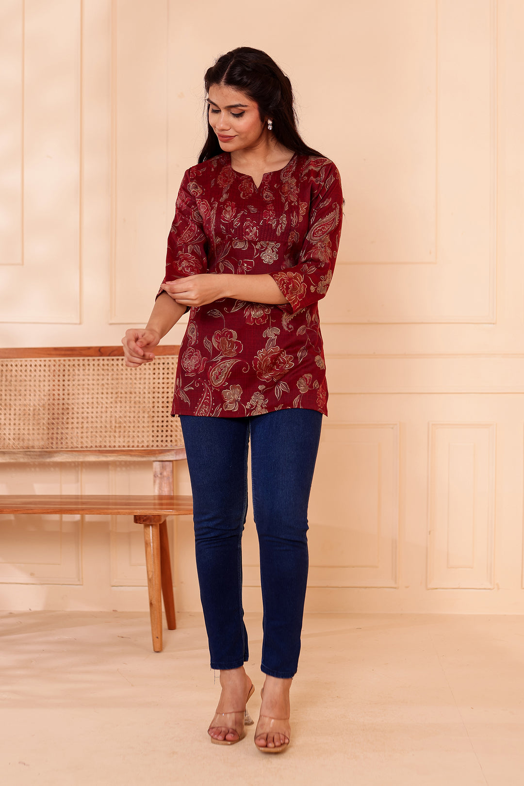 Maroon Floral Print Rayon Short Kurti Top.