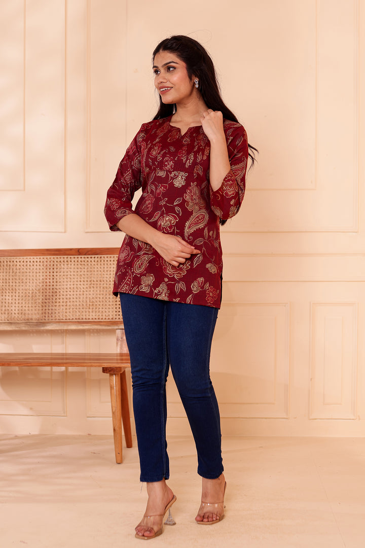 Maroon Floral Print Rayon Short Kurti Top.