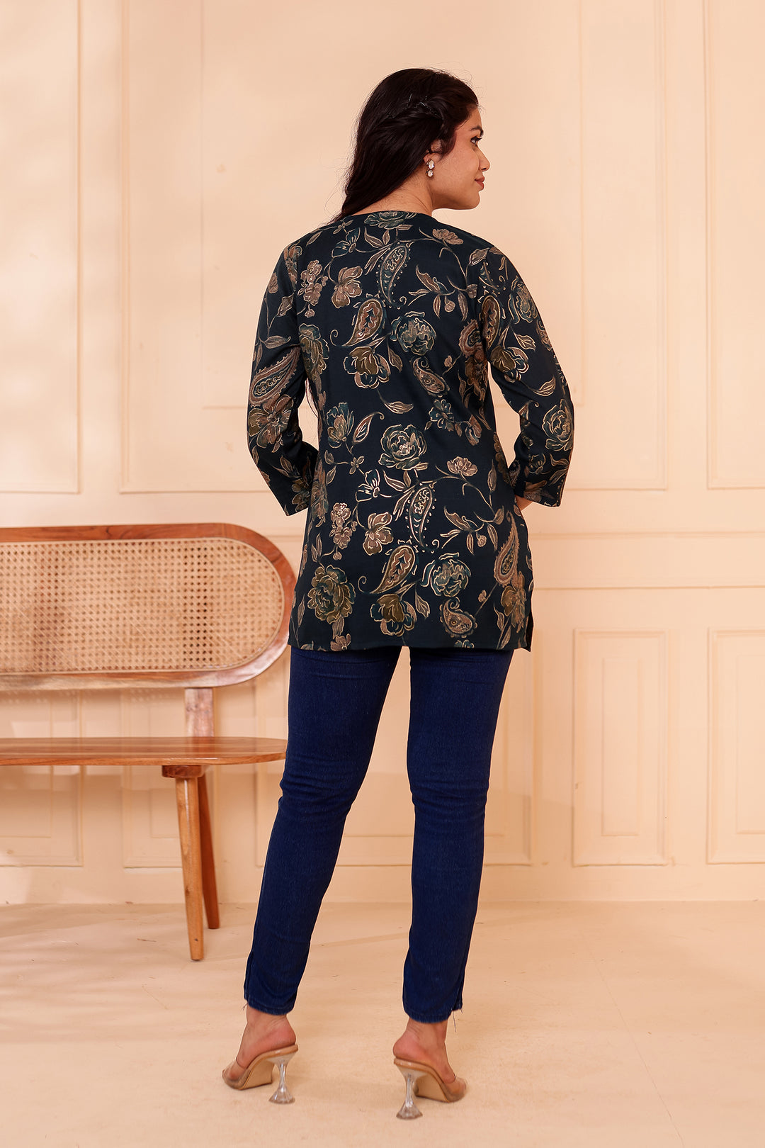 Navy Blue Floral Print Rayon Short Kurti Top.