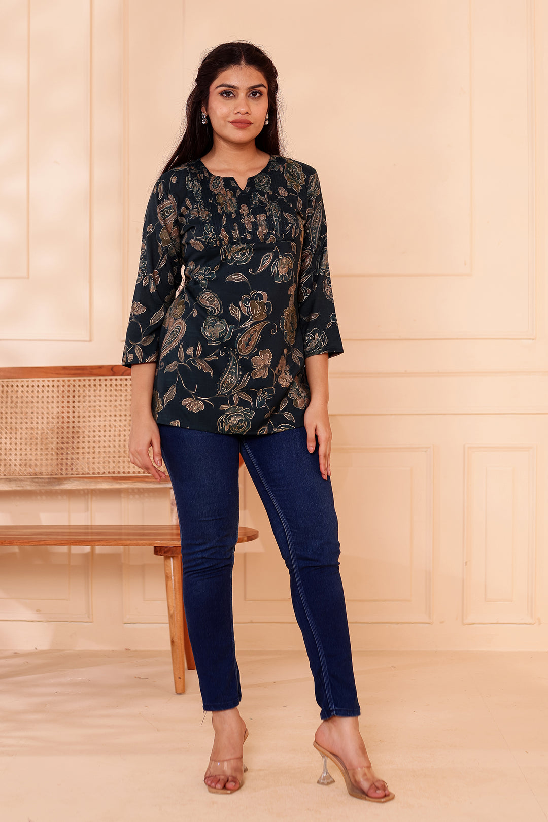 Navy Blue Floral Print Rayon Short Kurti Top.