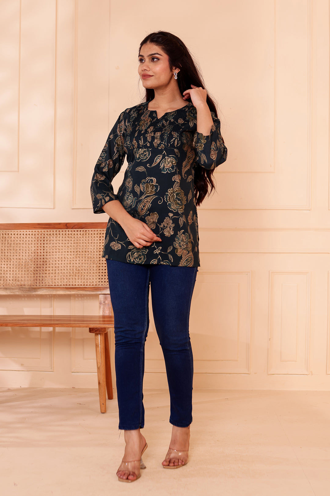 Navy Blue Floral Print Rayon Short Kurti Top.