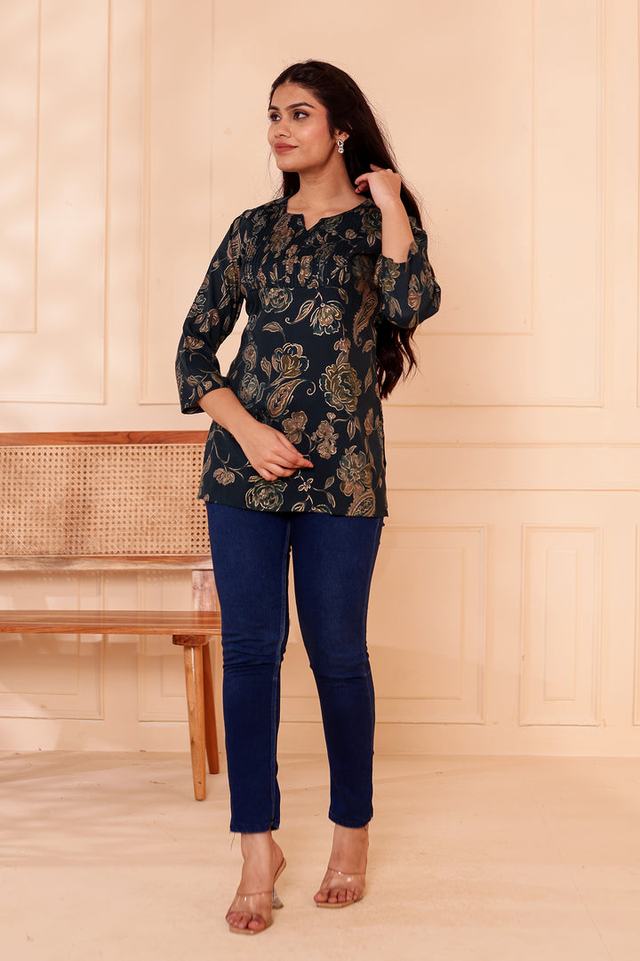 Navy Blue Floral Print Rayon Short Kurti Top.