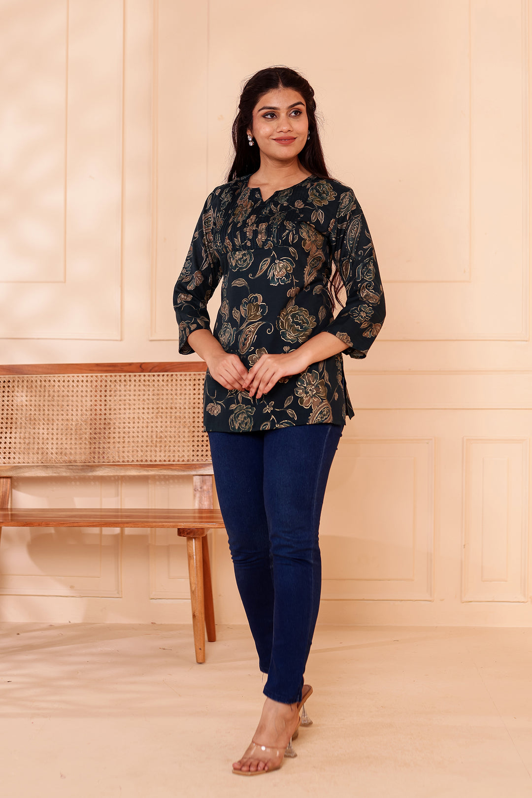 Navy Blue Floral Print Rayon Short Kurti Top.