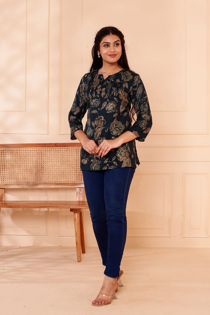 Navy Blue Floral Print Rayon Short Kurti Top.
