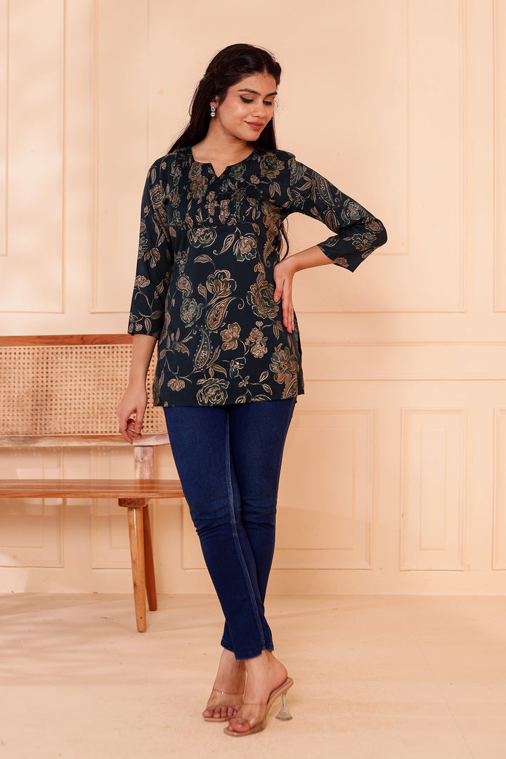 Navy Blue Floral Print Rayon Short Kurti Top.