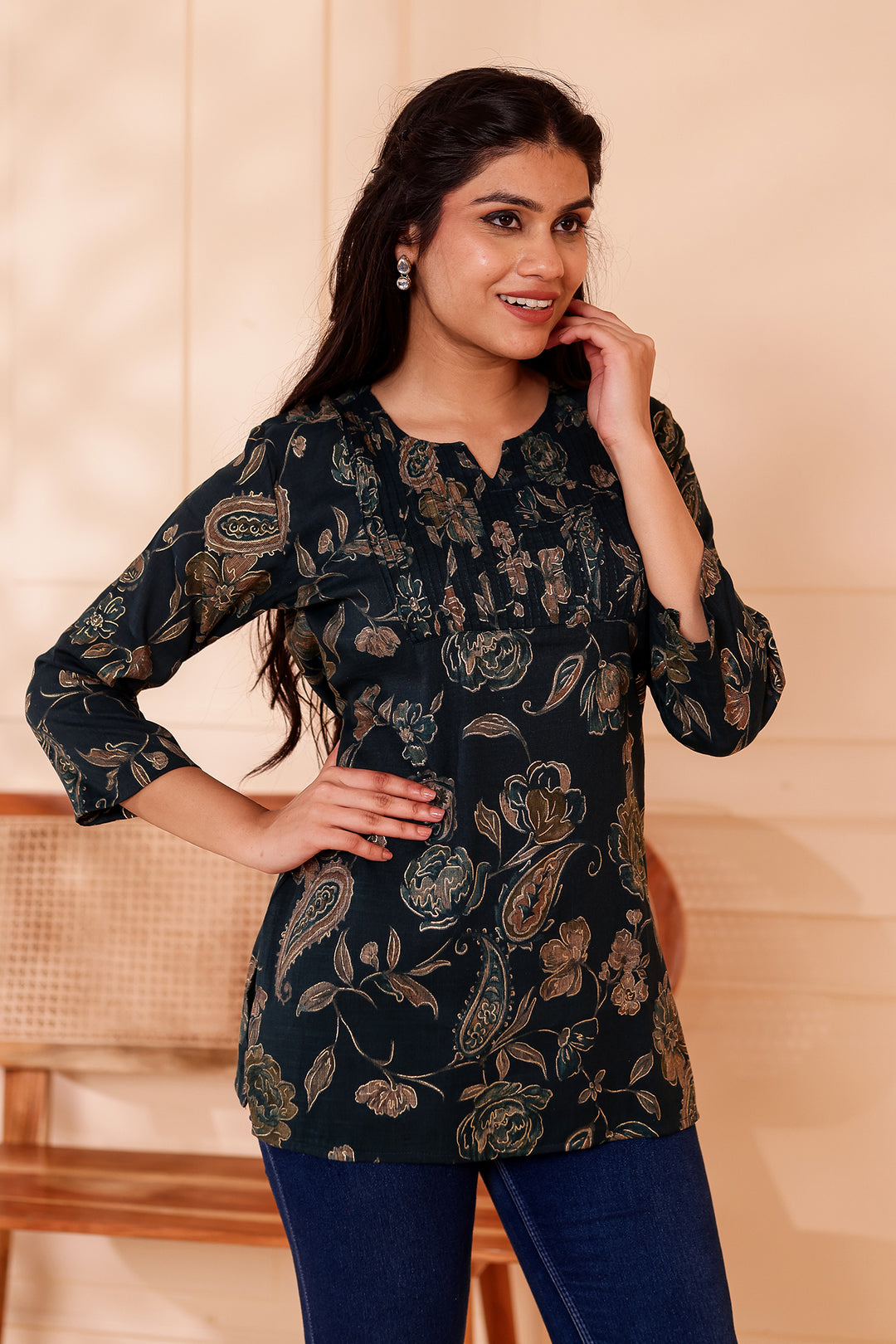 Navy Blue Floral Print Rayon Short Kurti Top.