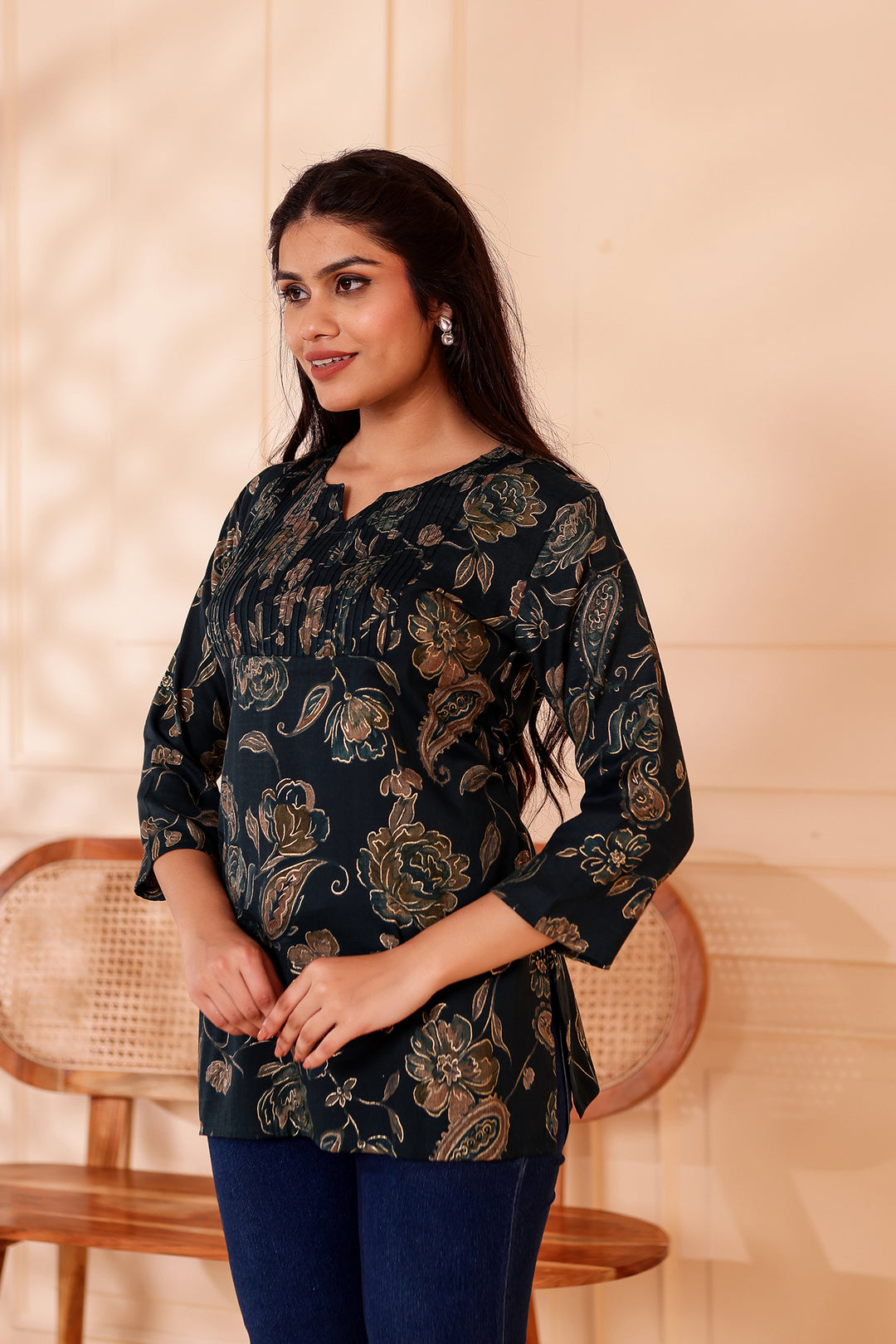 Navy Blue Floral Print Rayon Short Kurti Top.