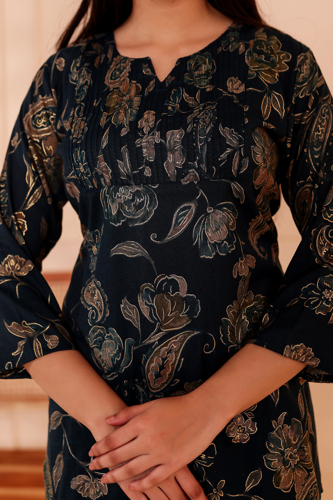 Navy Blue Floral Print Rayon Short Kurti Top.