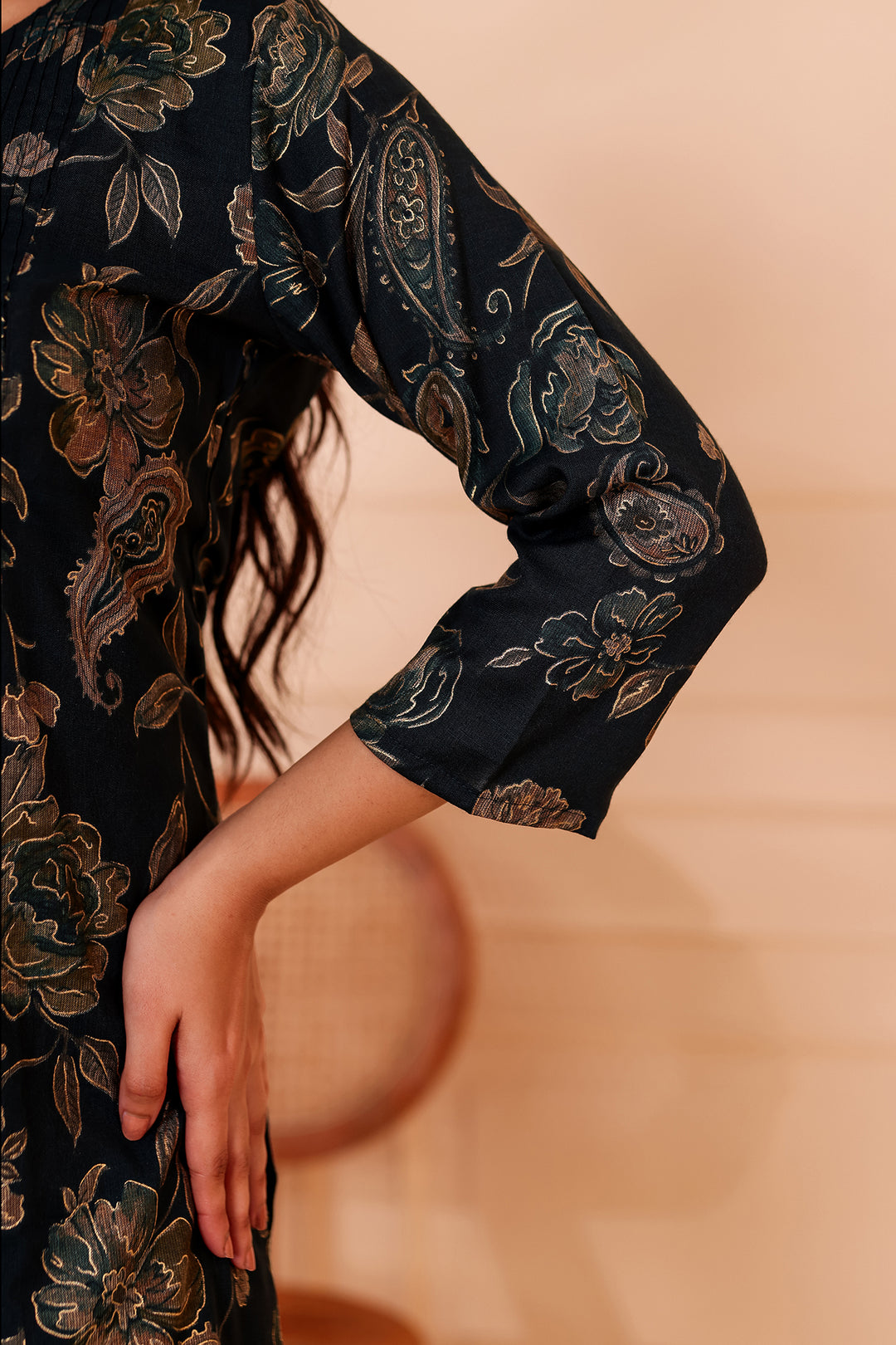 Navy Blue Floral Print Rayon Short Kurti Top.