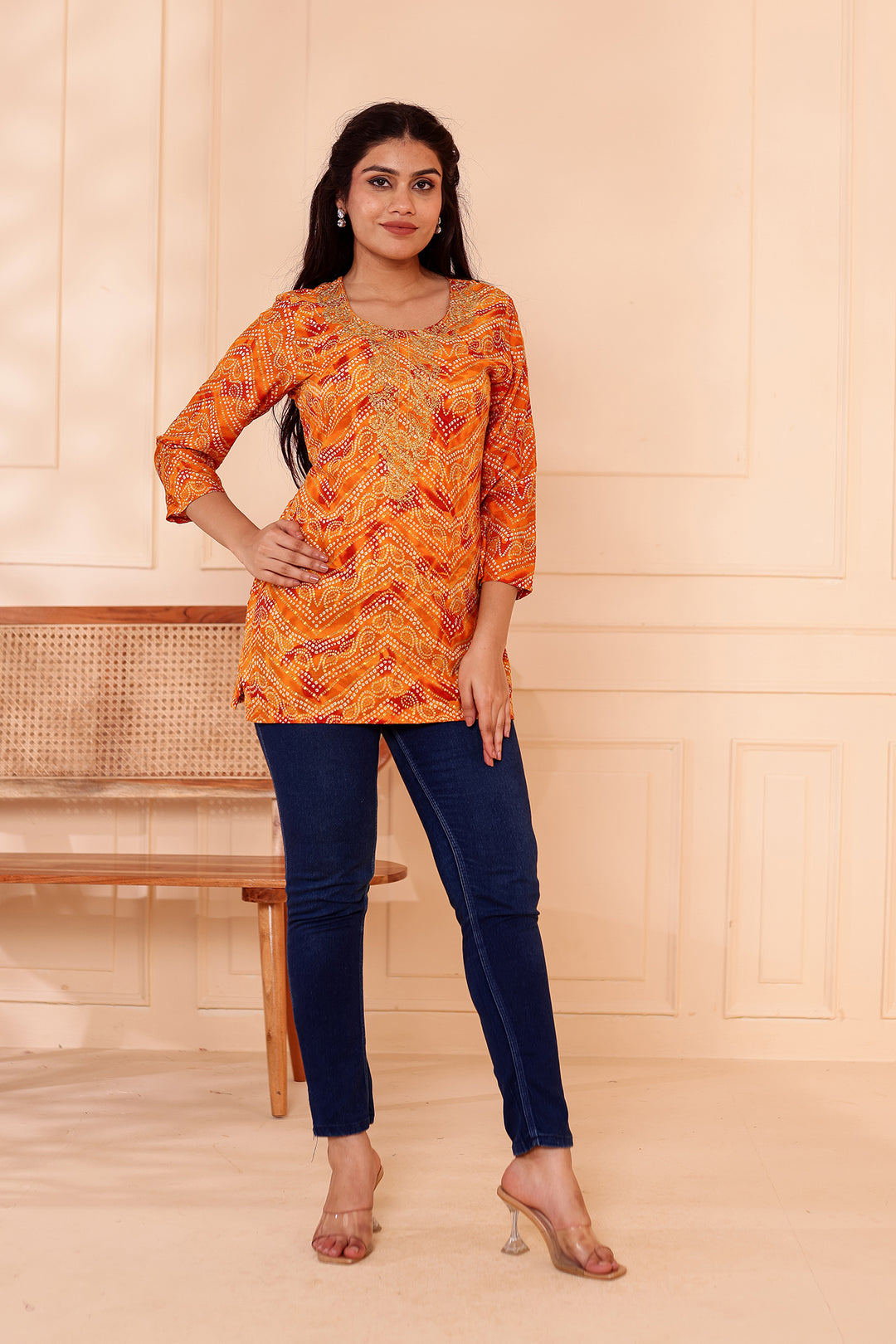 Mustard Soft Rayon Bandhani Print Short Kurti Top.