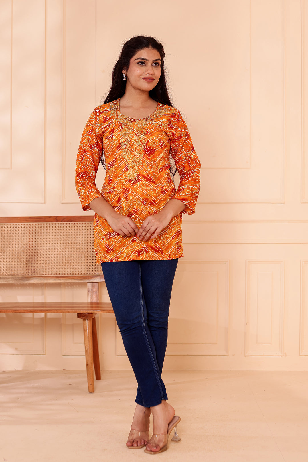Mustard Soft Rayon Bandhani Print Short Kurti Top.