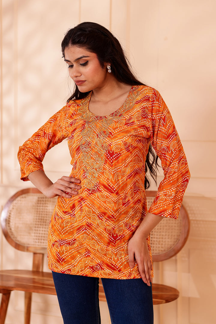 Mustard Soft Rayon Bandhani Print Short Kurti Top.