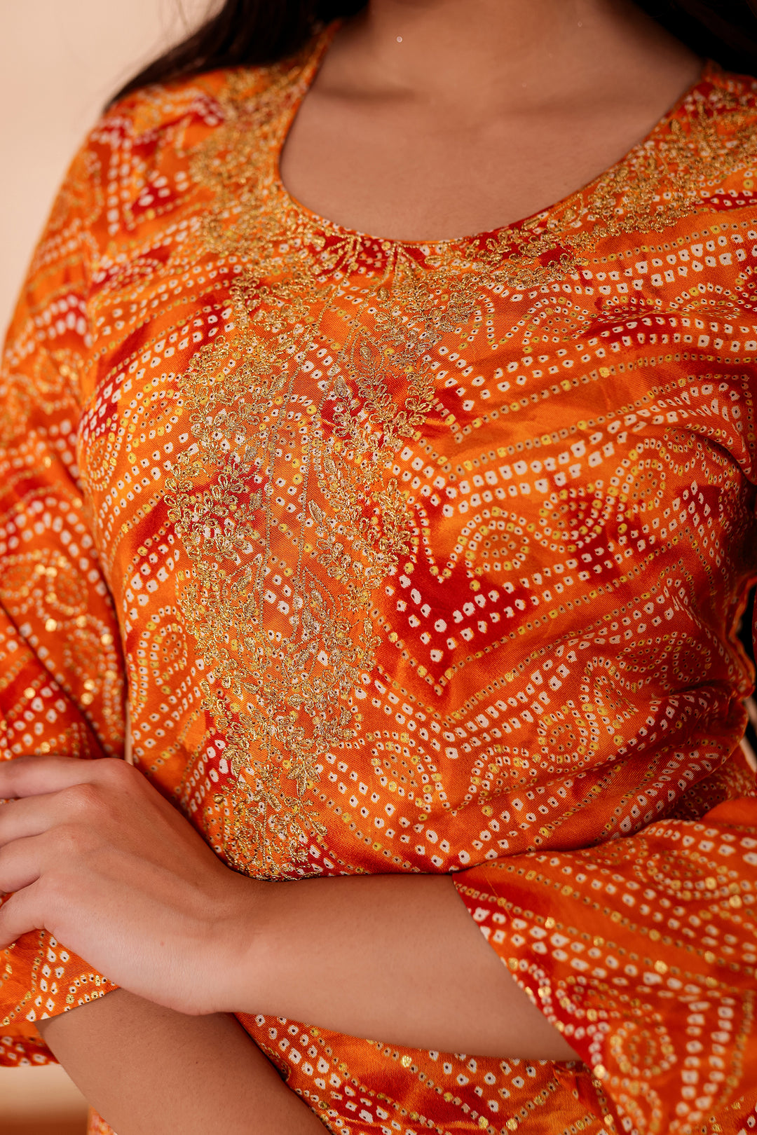 Mustard Soft Rayon Bandhani Print Short Kurti Top.
