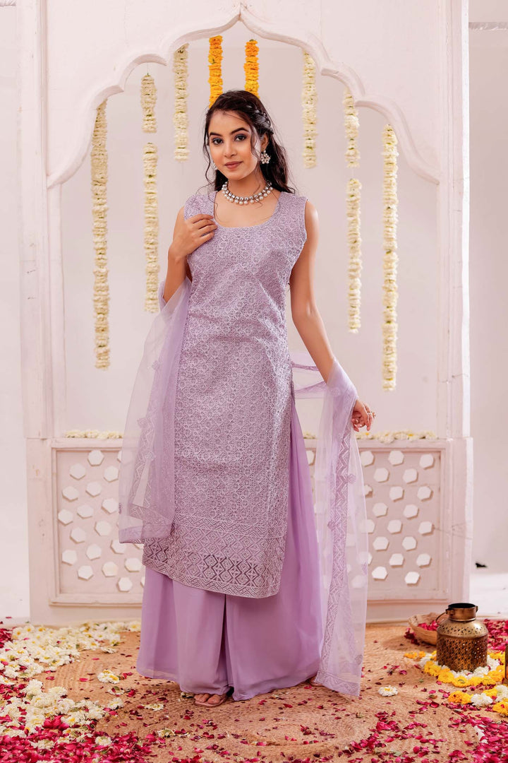 Lilac Net Embroidery Palazzo Suit