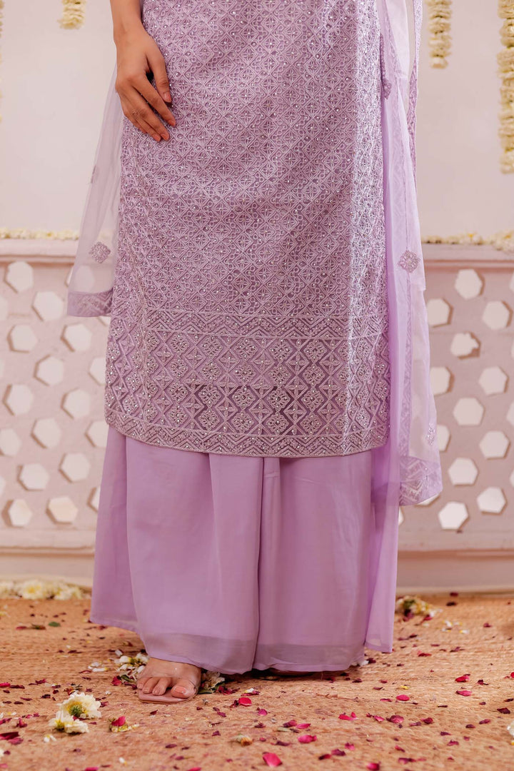 Lilac Net Embroidery Palazzo Suit
