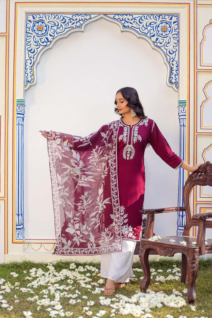 Rosewood Straight Cut Chikankari Rayon Kurta Set