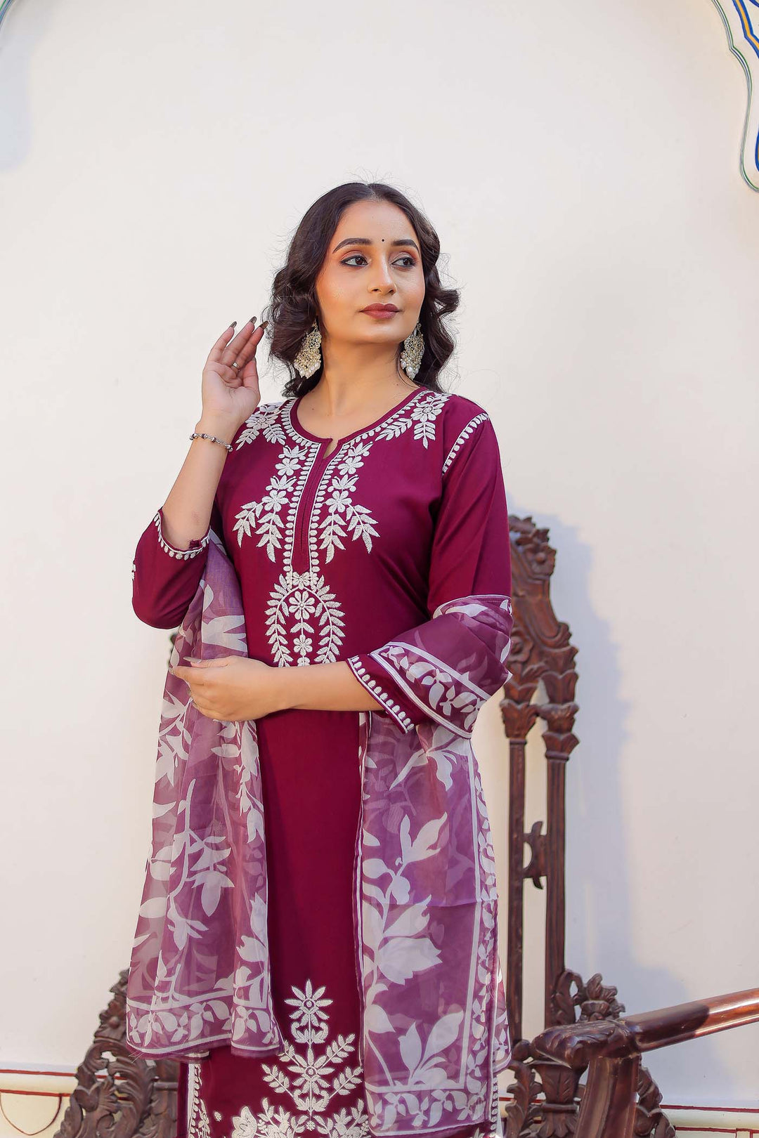 Rosewood Straight Cut Chikankari Rayon Kurta Set
