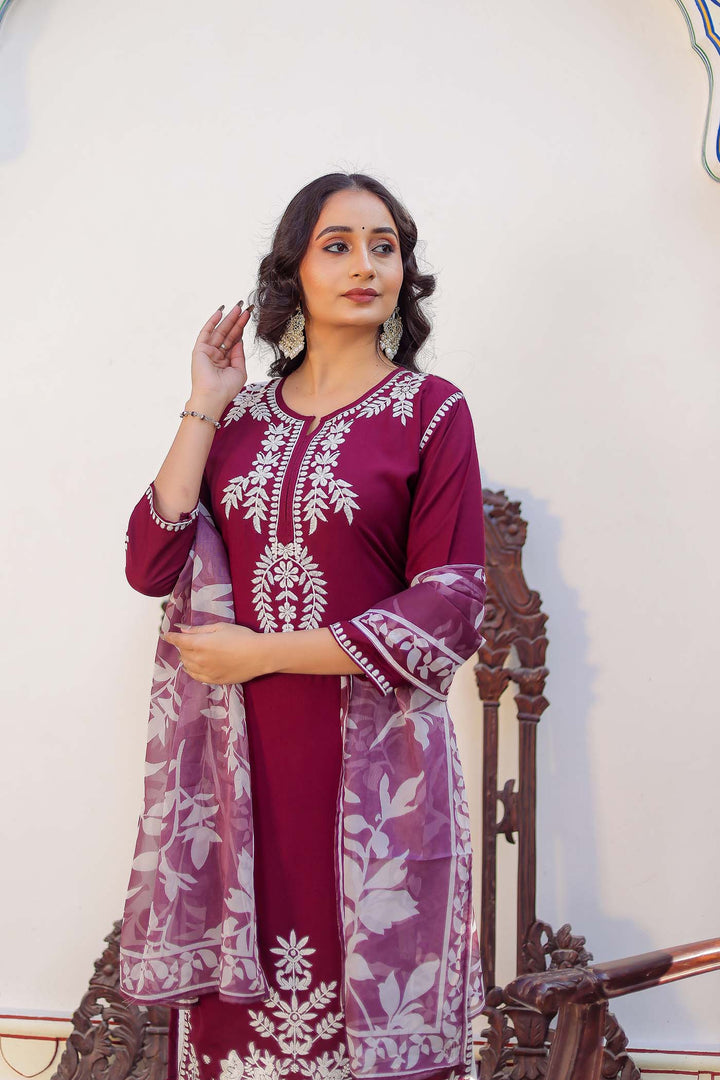 Rosewood Straight Cut Chikankari Rayon Kurta Set