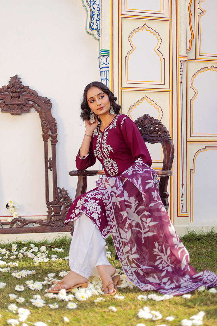 Rosewood Straight Cut Chikankari Rayon Kurta Set