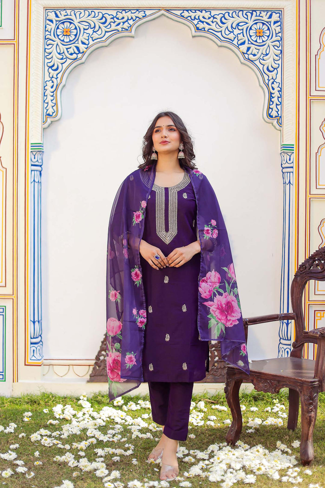 Dark Purple Straight Cut Raw Silk Kurta Set.