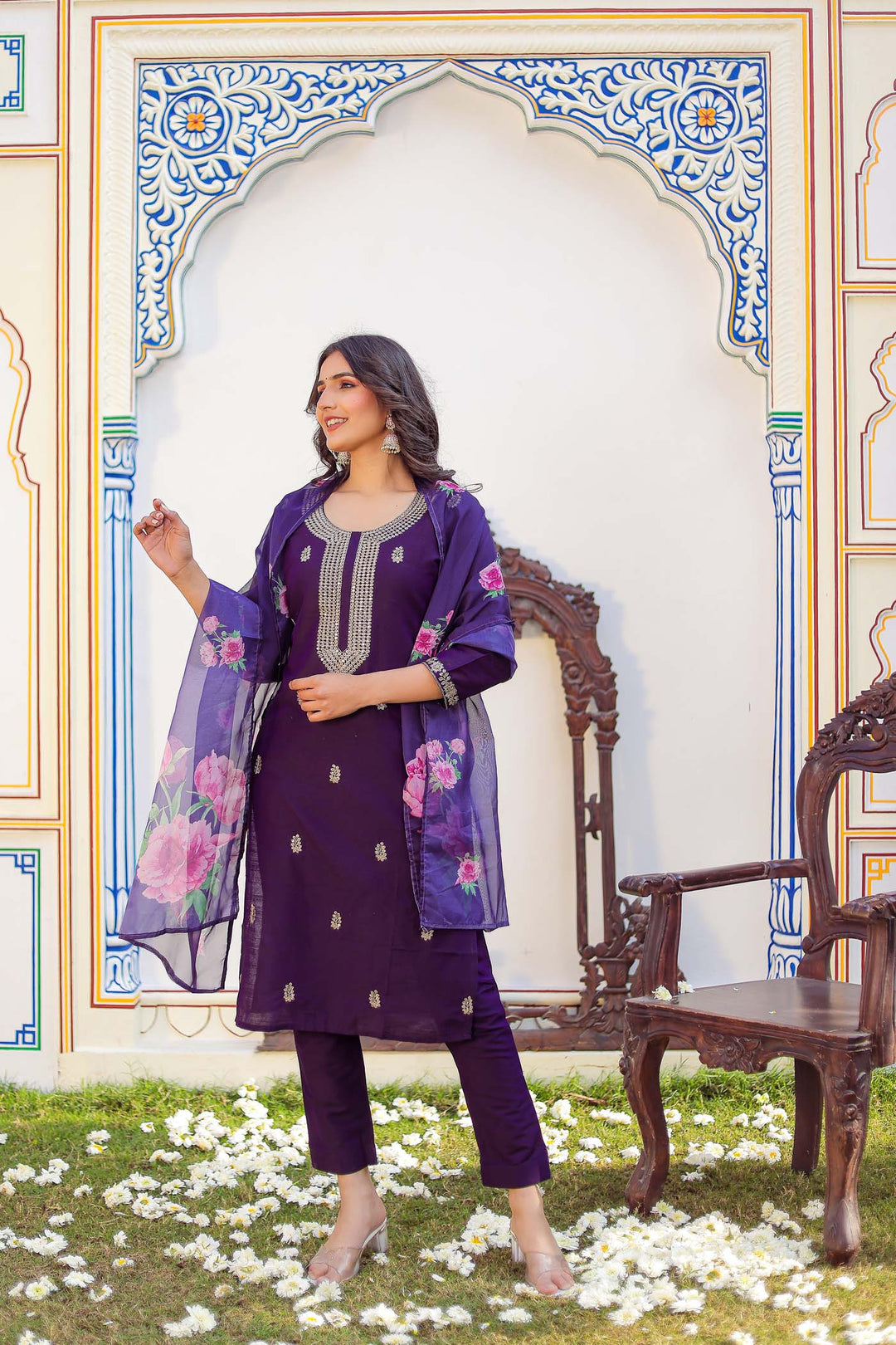 Dark Purple Straight Cut Raw Silk Kurta Set.