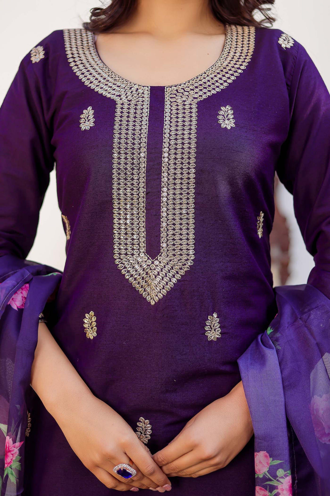 Dark Purple Straight Cut Raw Silk Kurta Set.