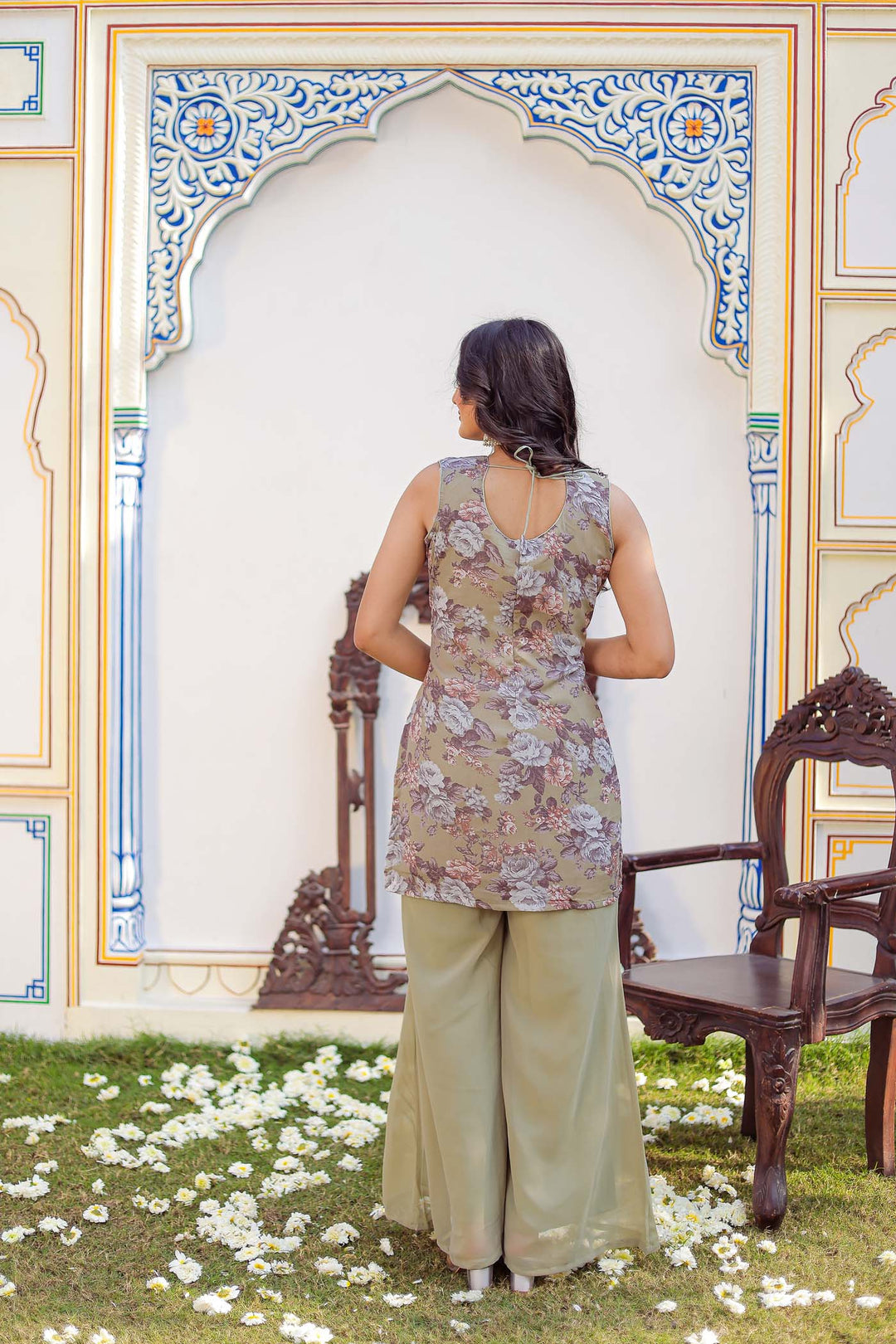 Light Green Floral Print Palazzo Suit