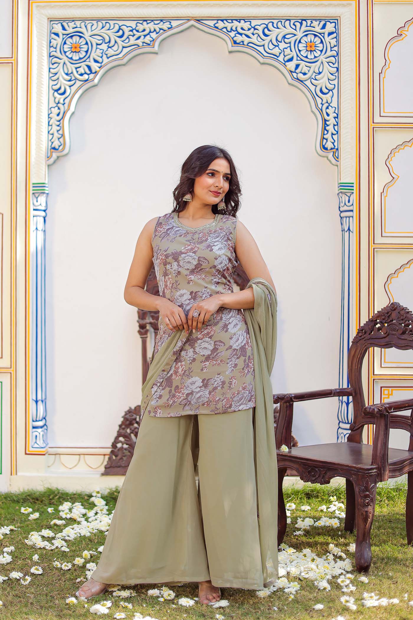 Light Green Floral Print Palazzo Suit Ladlee Direct