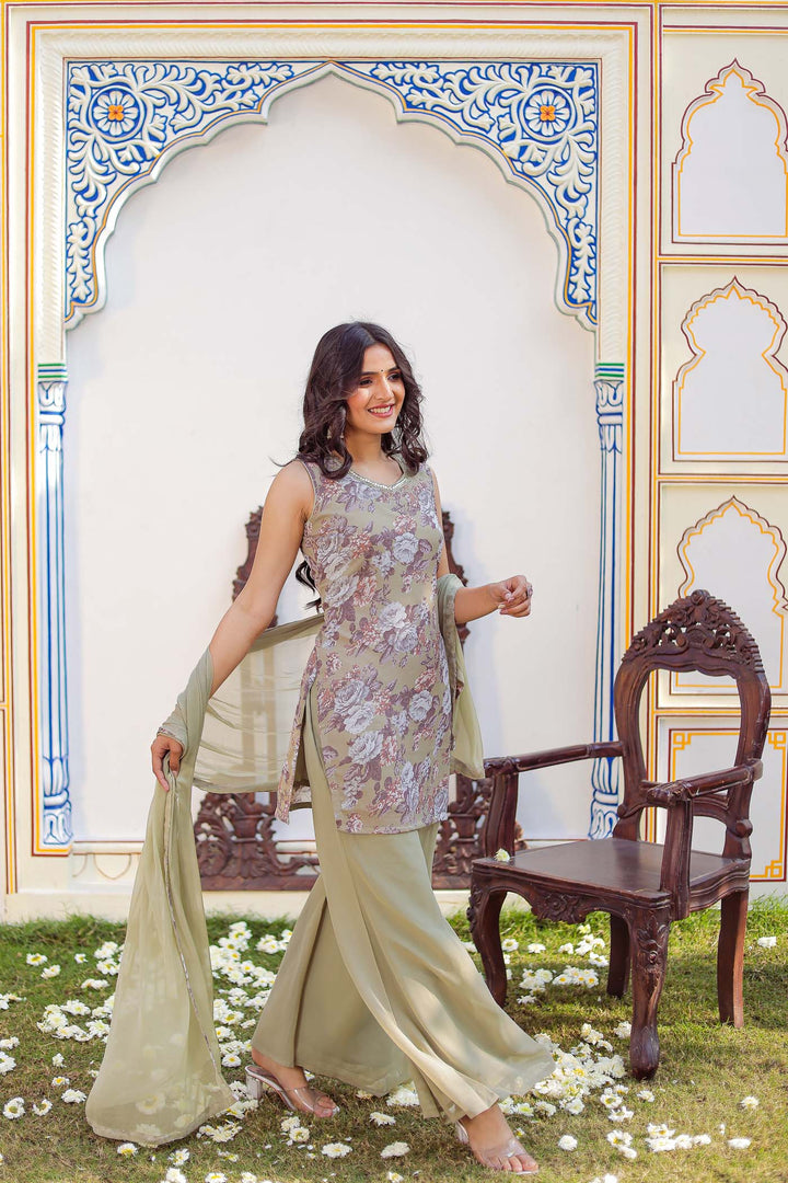 Light Green Floral Print Palazzo Suit